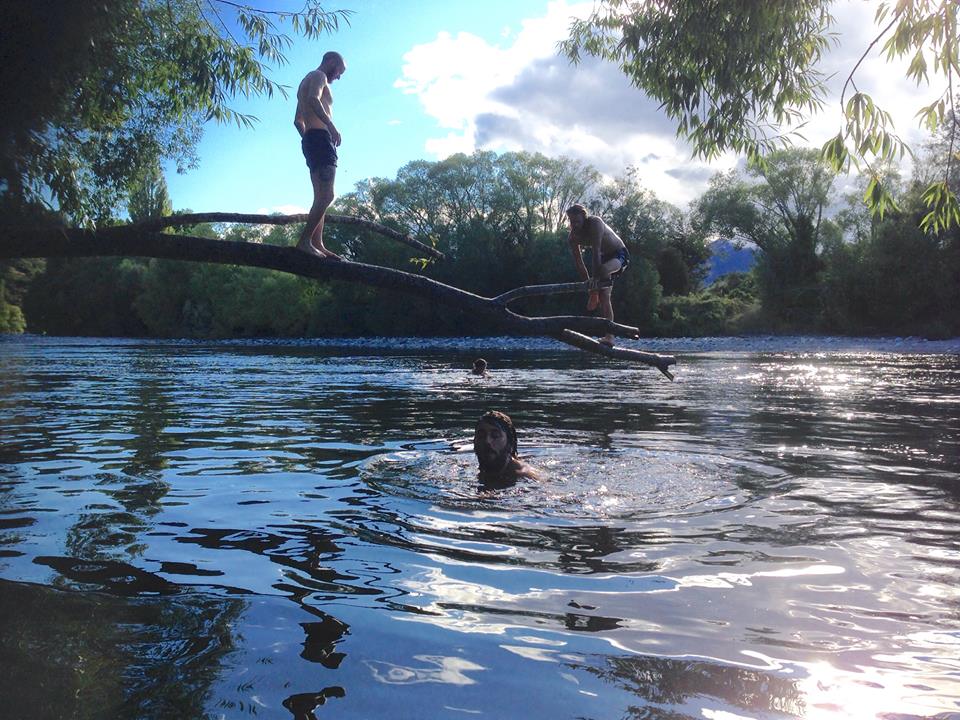 The Choose Clean Water team takes a dip in Motueka River during their tour (Photo by Geoff Reid)