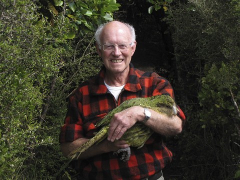 Conservationist, Don Merton holds Richard Henry 