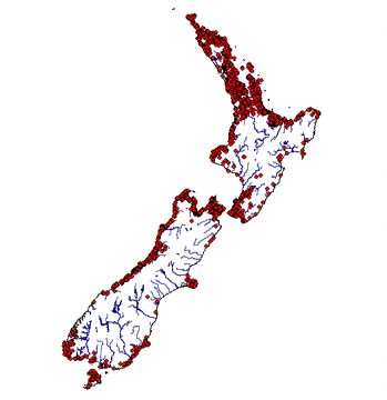 Banded kōkopu distribution over New Zealand.
