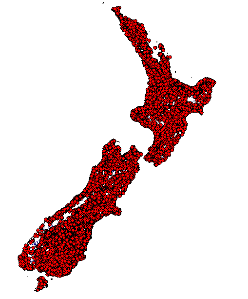 A map showing all the data points registered on the New Zealand Fish Database.