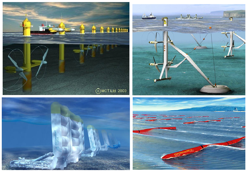 Some of the tidal and wave technologies used to harness the power of our currents. 